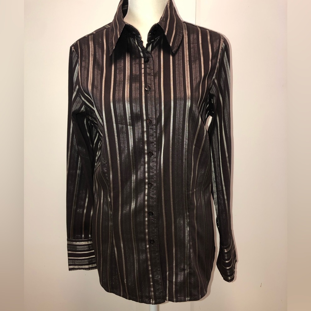 Zara Basic Brown & iridescent bronze Striped Button-Up